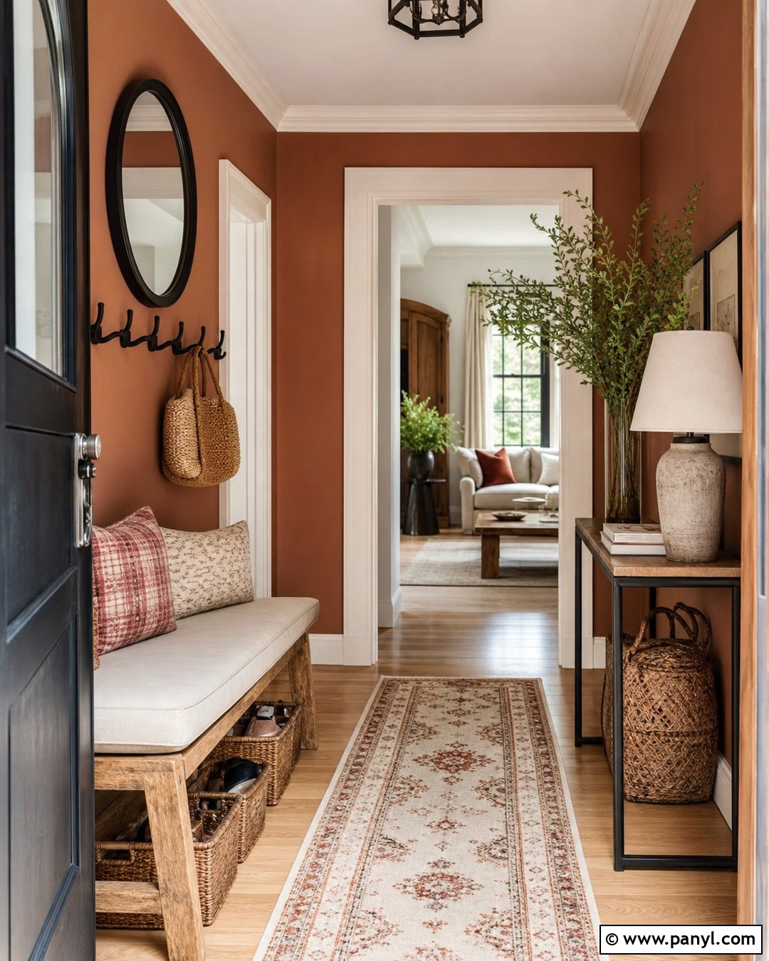Terra Cotta Entryway With Wood Bench - 30 terra cotta wall color ideas