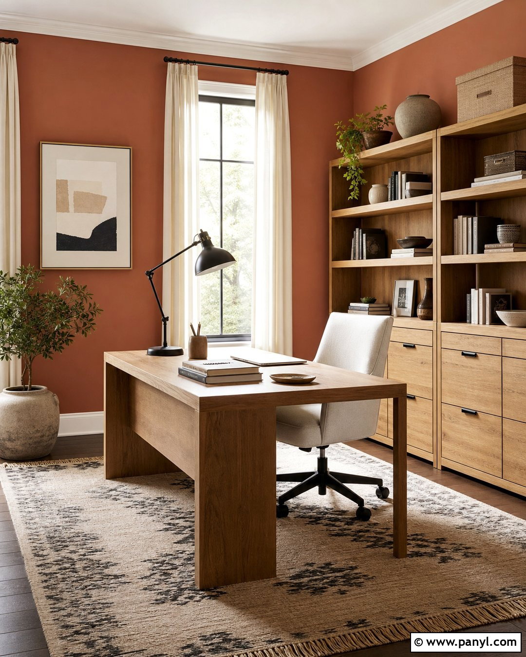 Terra Cotta Home Office With Oak Desk - 30 terra cotta wall color ideas