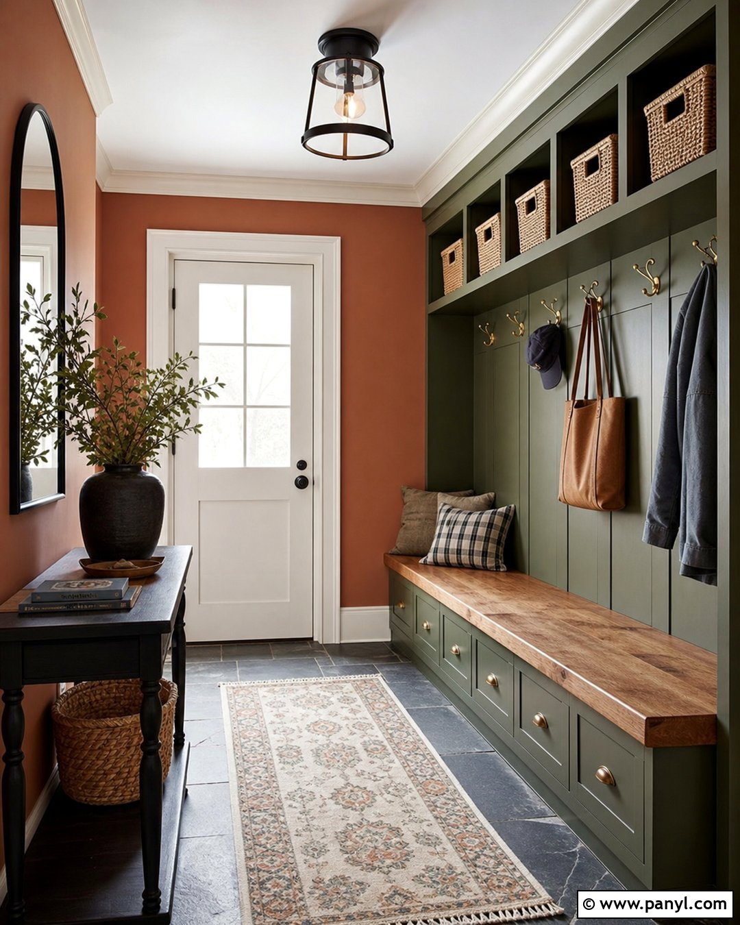 Terra Cotta Mudroom With Green Storage - 30 terra cotta wall color ideas