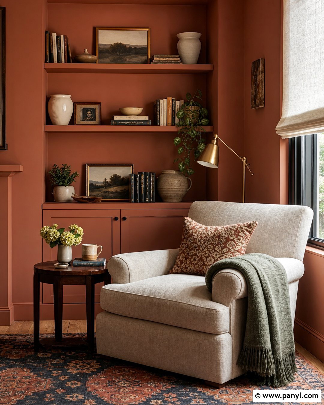 Terra Cotta Reading Nook With Built-In Shelves - 30 terra cotta wall color ideas