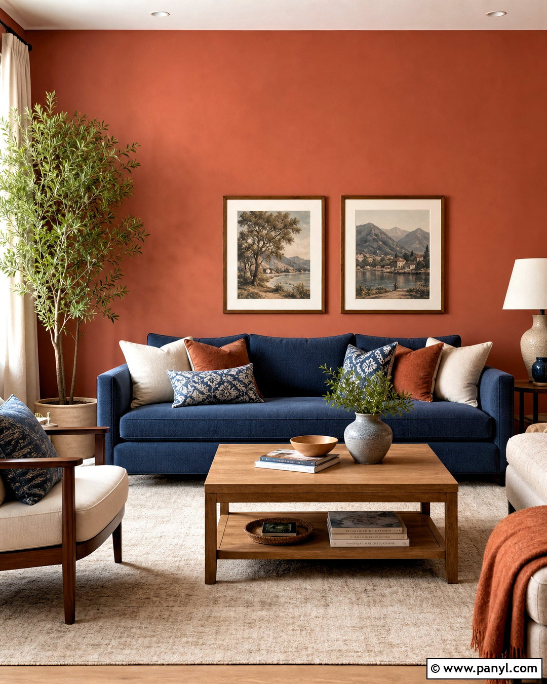 Terracotta Accent Wall With Blue Sofa - 20 teracotta ideas interior ideas