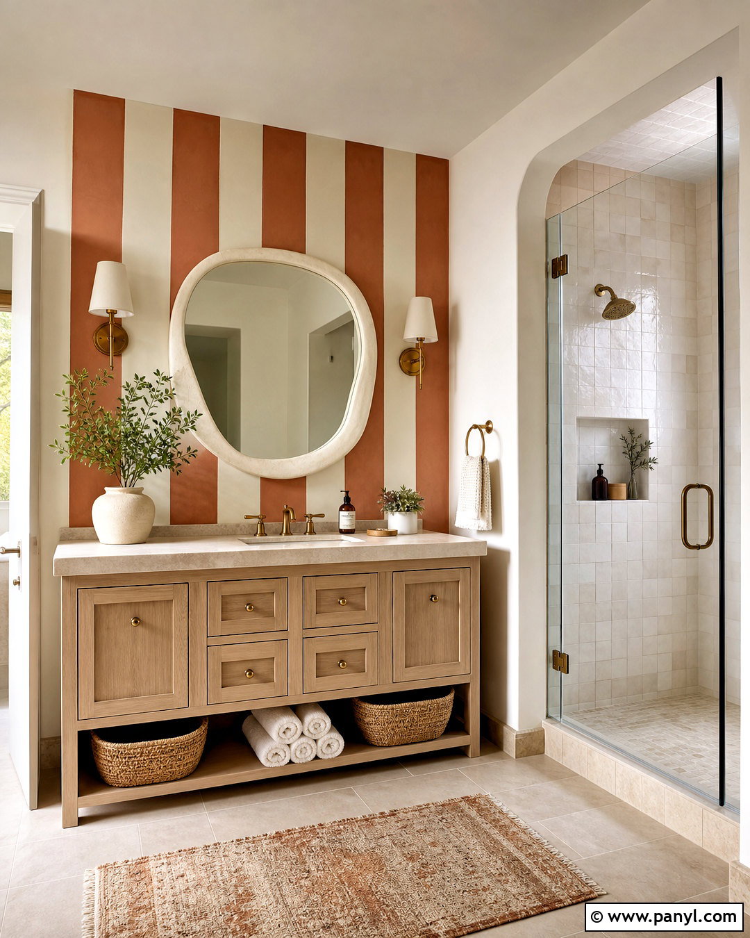 Terracotta And Cream Bathroom Stripes - 20 striped bathroom walls