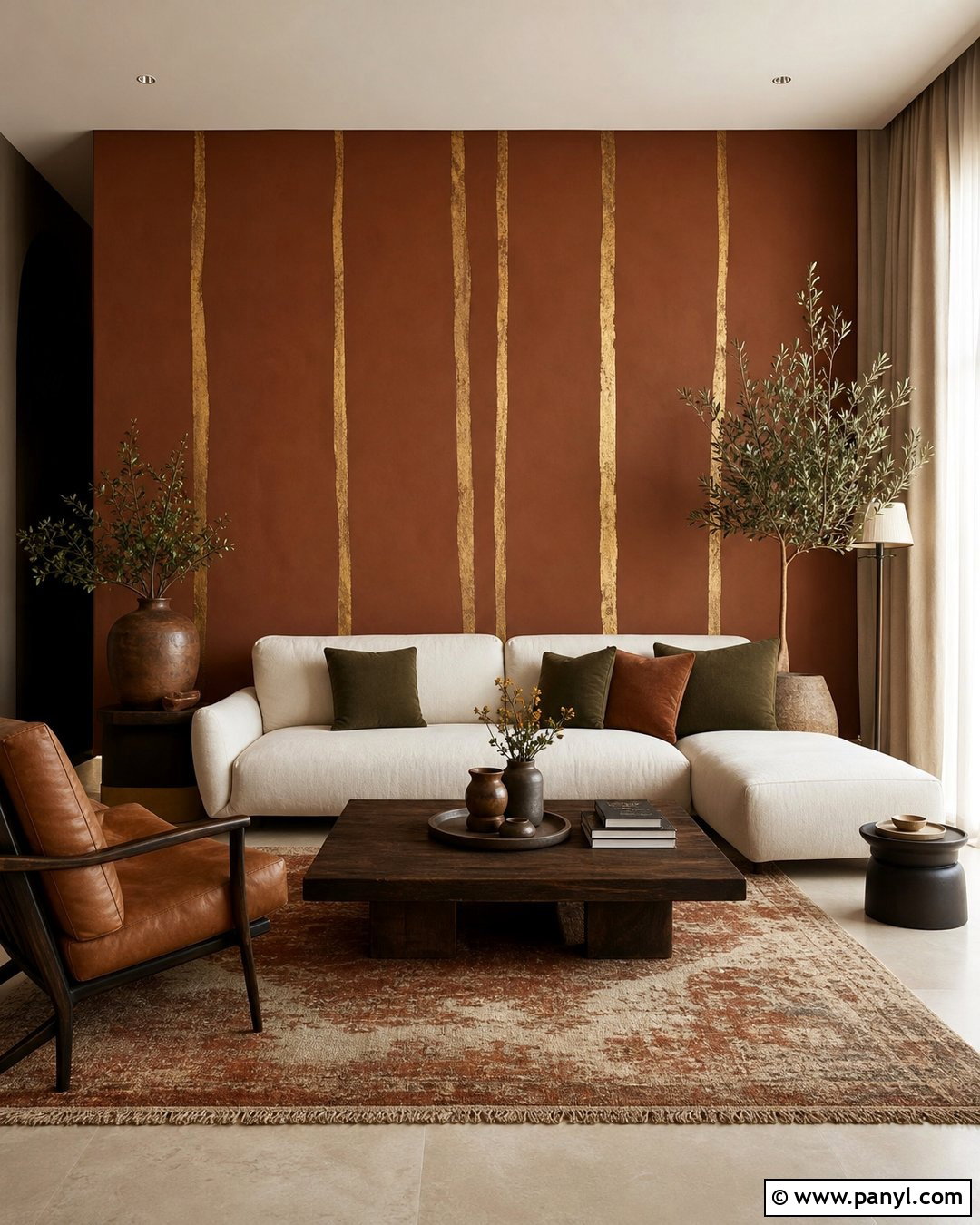 Terracotta And Gold Stripe Lounge Wall - 35 gold stripe wall ideas