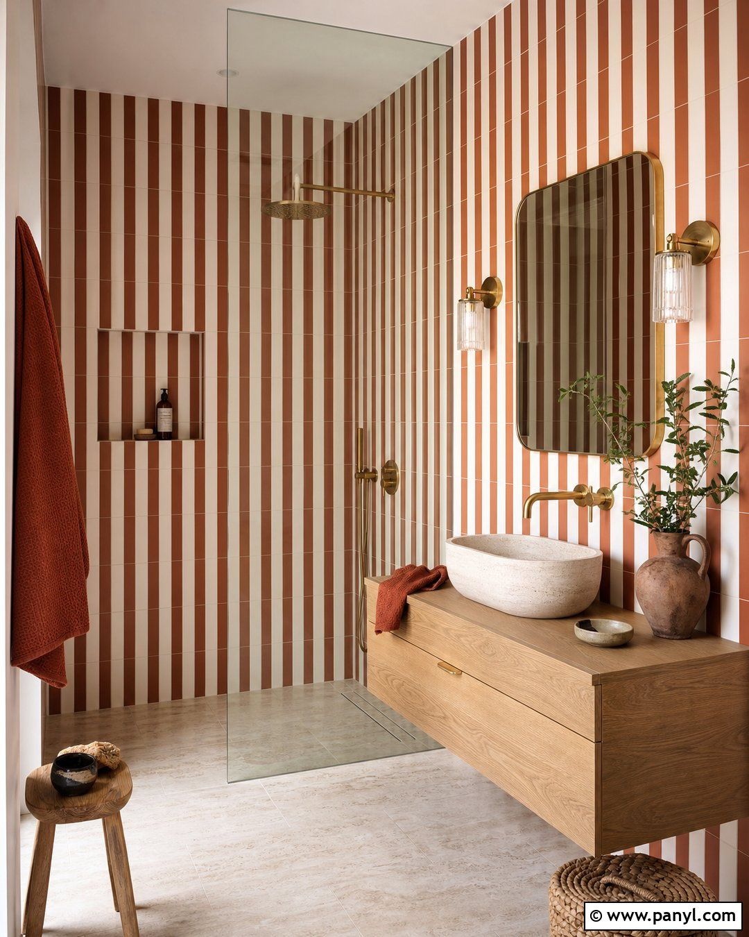 Terracotta And Ivory Striped Tile Walls - 20 Elegant Bathroom With Striped Walls