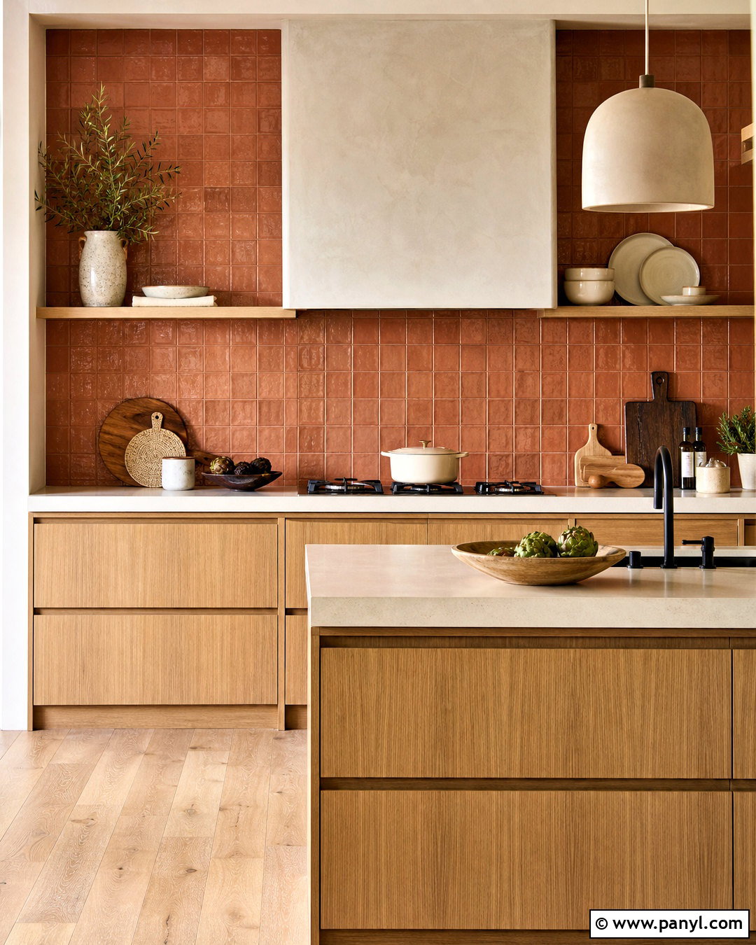Terracotta Backsplash With Natural Oak Cabinets - 20 terracotta backsplash kitchen ideas