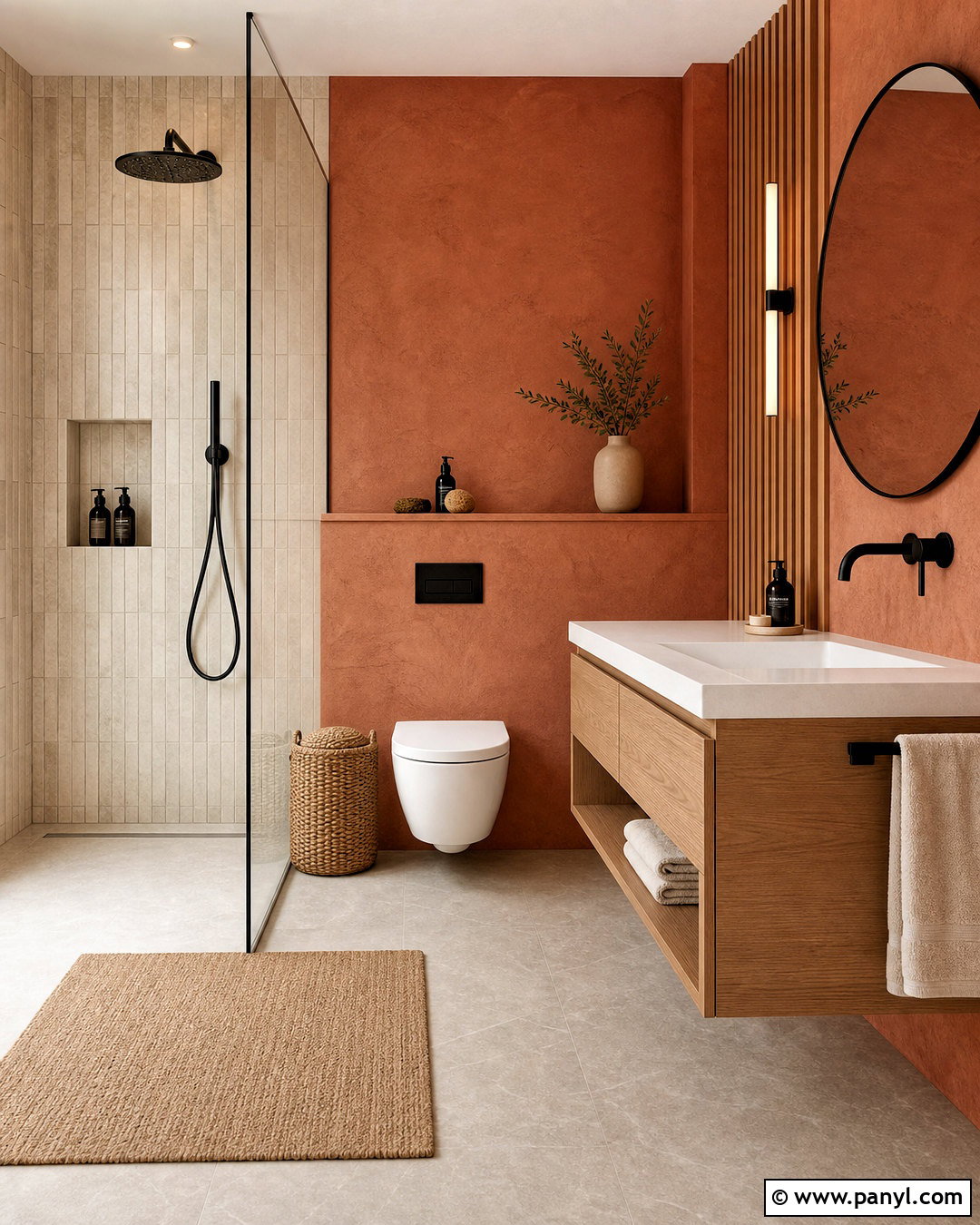 Terracotta Bathroom Walls With White Oak Slats - 20 terracotta bathroom walls