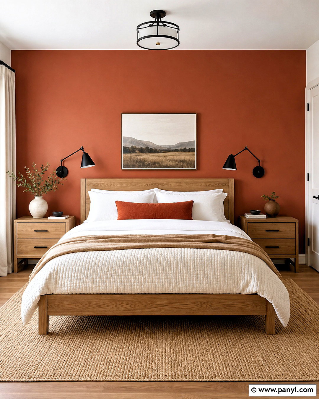 Terracotta Bedroom Accent Wall With White Bedding - 35 terracotta accent wall ideas