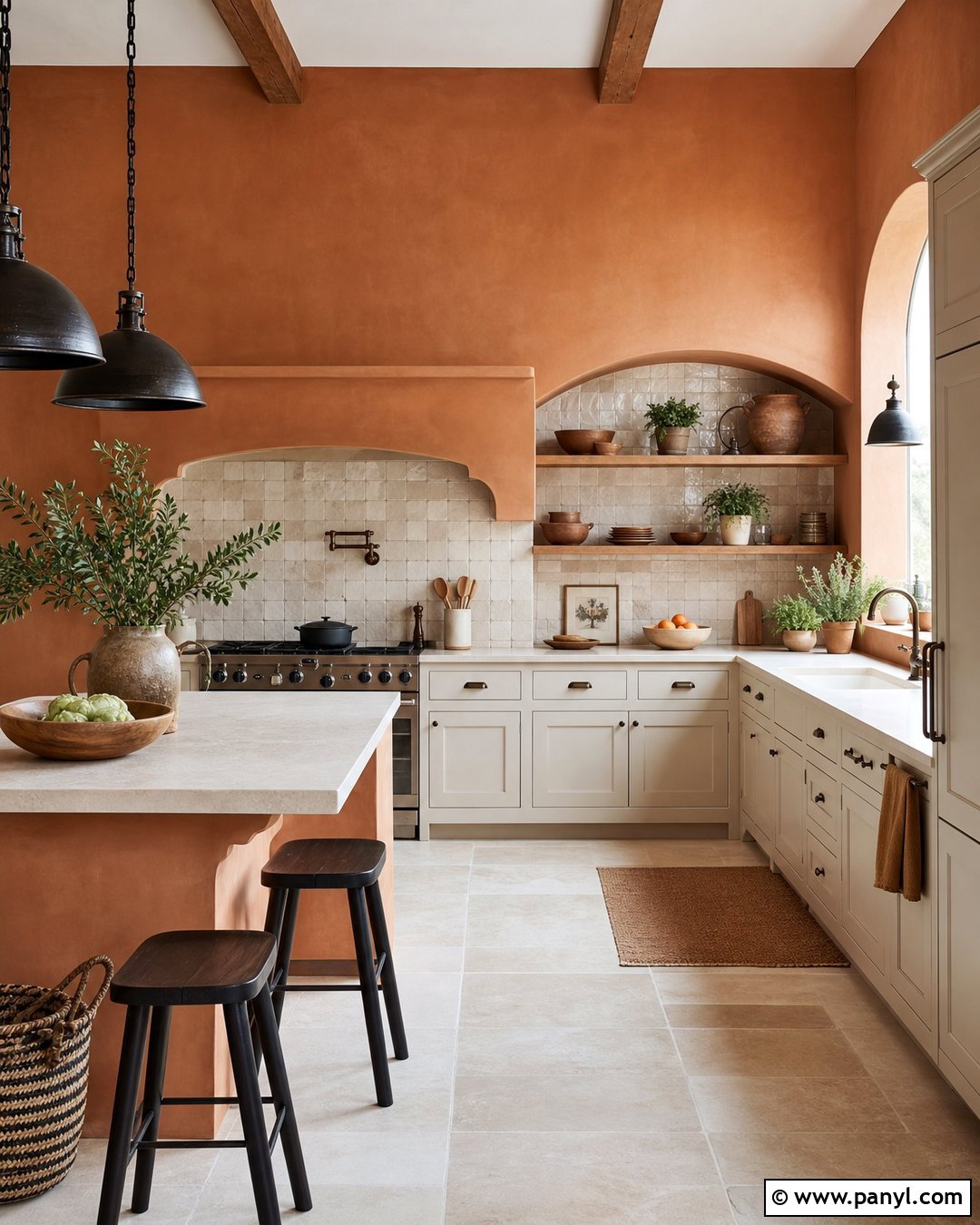 Terracotta Brown Kitchen Walls With Cream Cabinets - 35 Brown Kitchen Walls