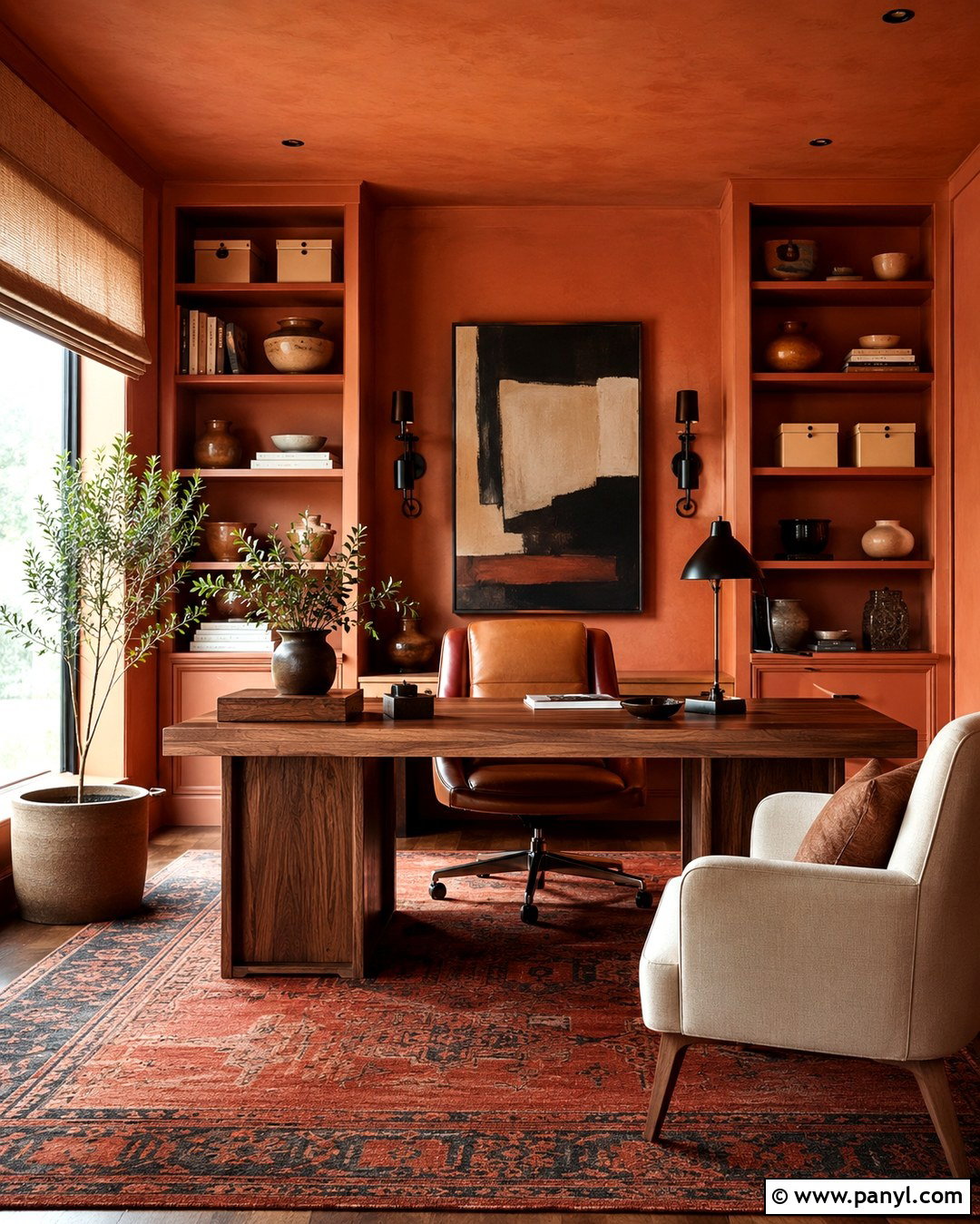 Terracotta Color Drenched Home Office - 20 Colour Drenching A Room Ideas