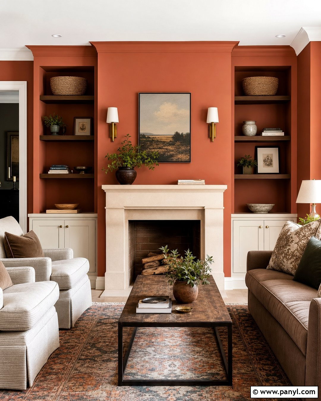 Terracotta Fireplace Wall With Built-Ins - 40 Terracotta Wall Color Ideas