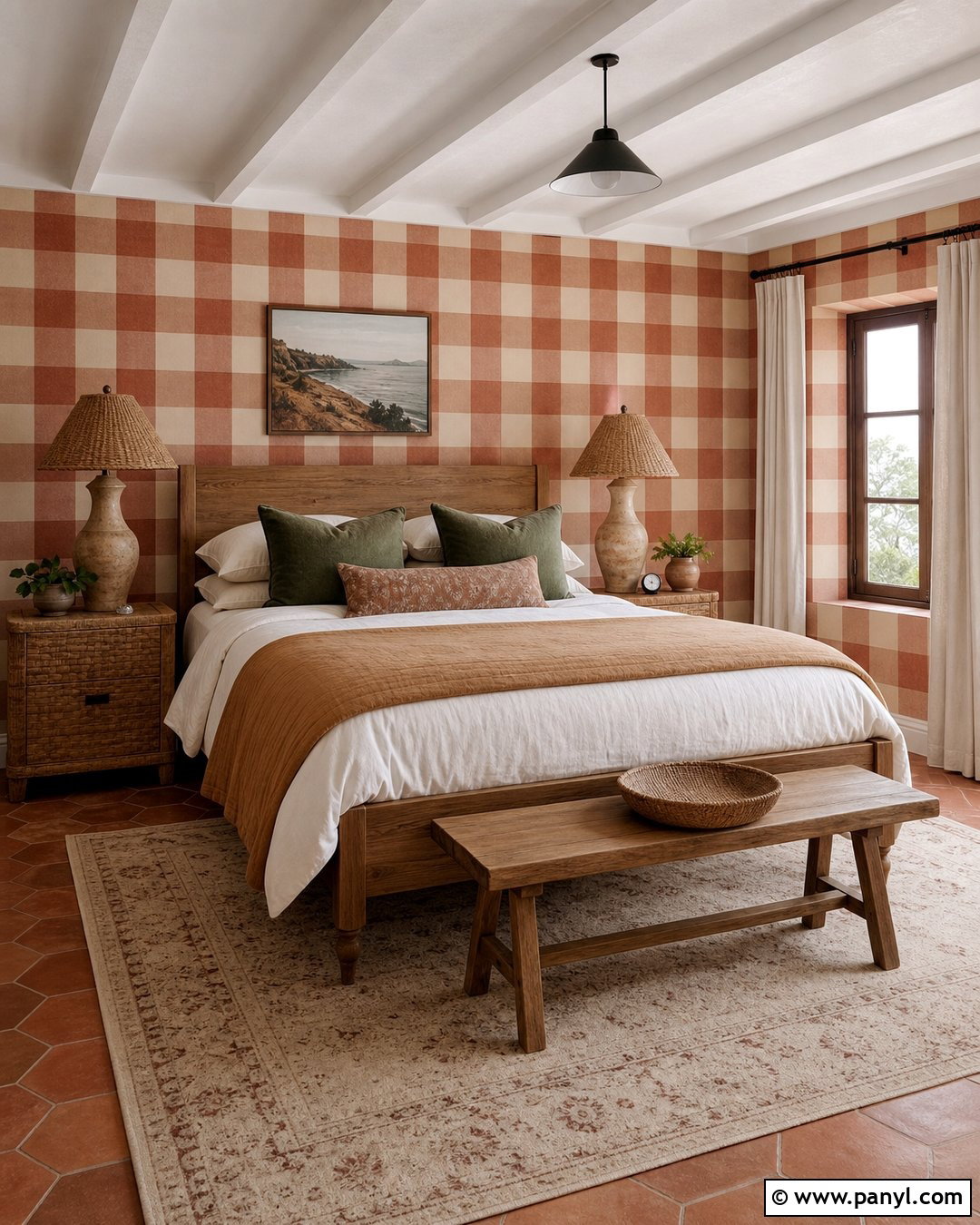 Terracotta Gingham Painted Guest Room Walls - 30 Gingham Painted Walls