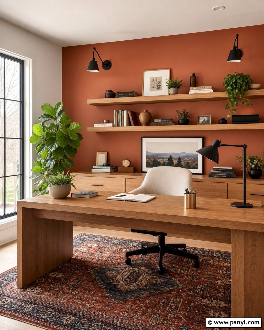 Terracotta Home Office Wall With Oak Desk - 40 Terracotta Wall Color Ideas
