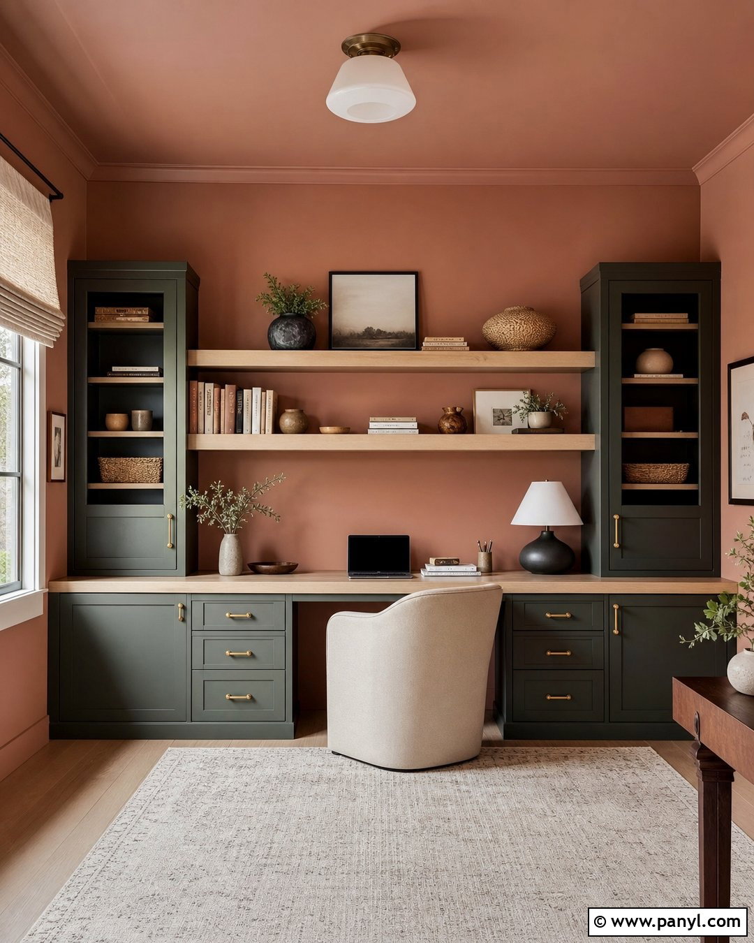 Terracotta Home Office Walls With Green Built-Ins - 40 Terracotta Wall Color Ideas