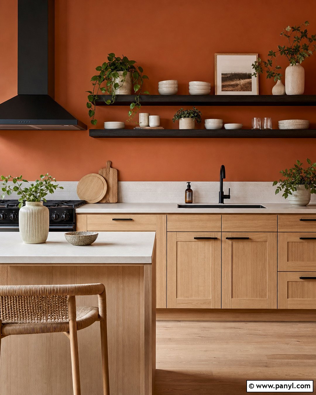 Terracotta Kitchen Walls With Black Shelves - 40 terracotta kitchen walls