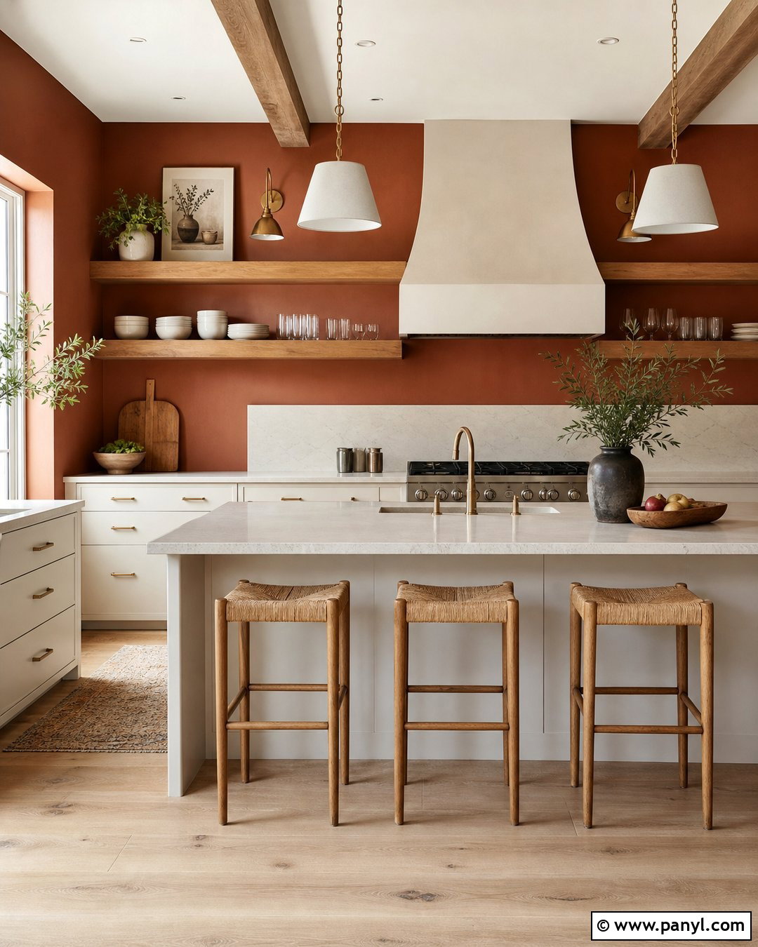 Terracotta Kitchen Walls With Wood Shelves - 40 terracotta kitchen walls