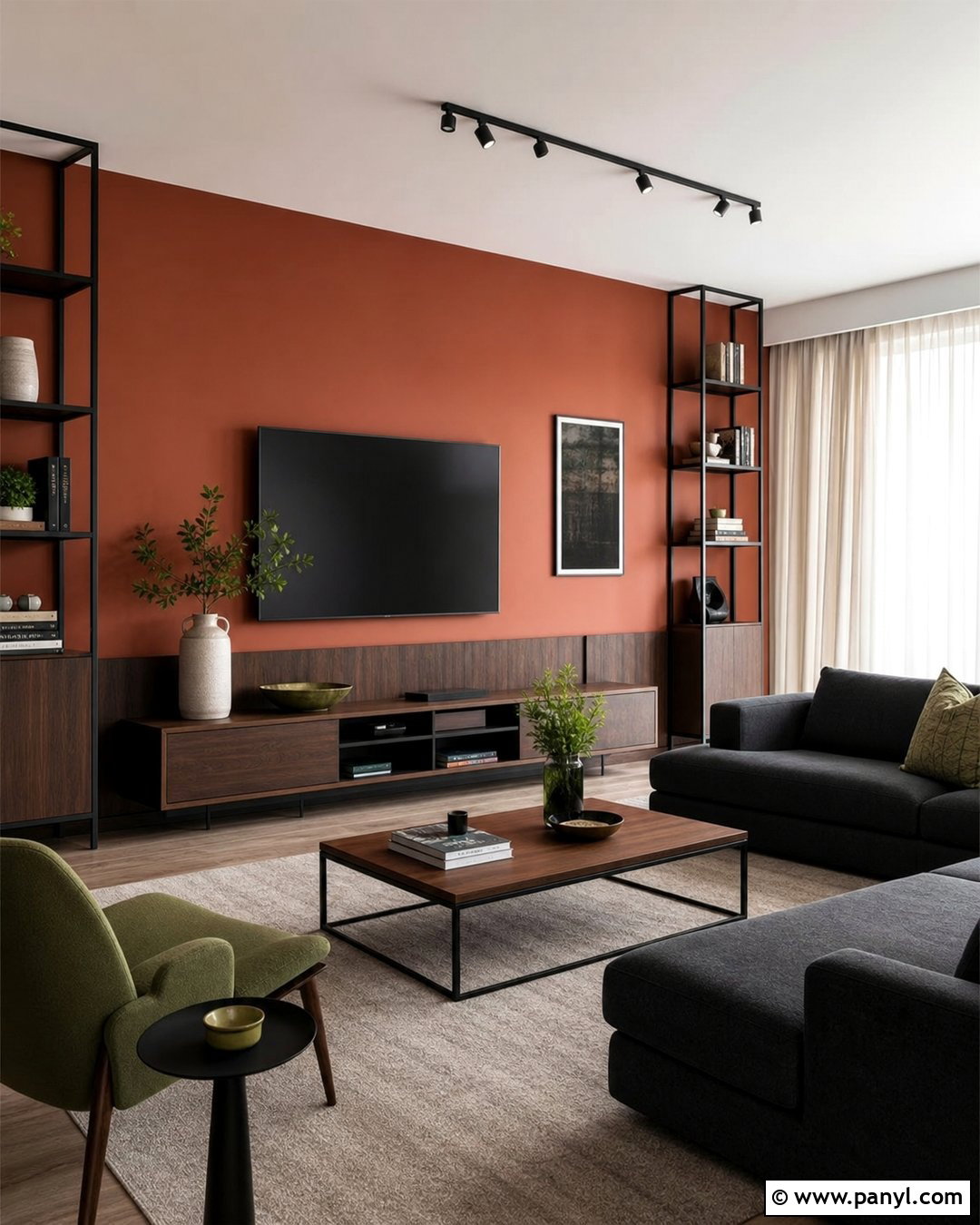 Terracotta Living Room Wall With Charcoal Decor - 40 Terracotta Wall Color Ideas