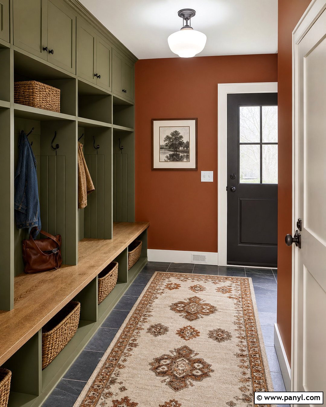 Terracotta Mudroom Walls With Olive Cabinets - 40 Terracotta Wall Color Ideas