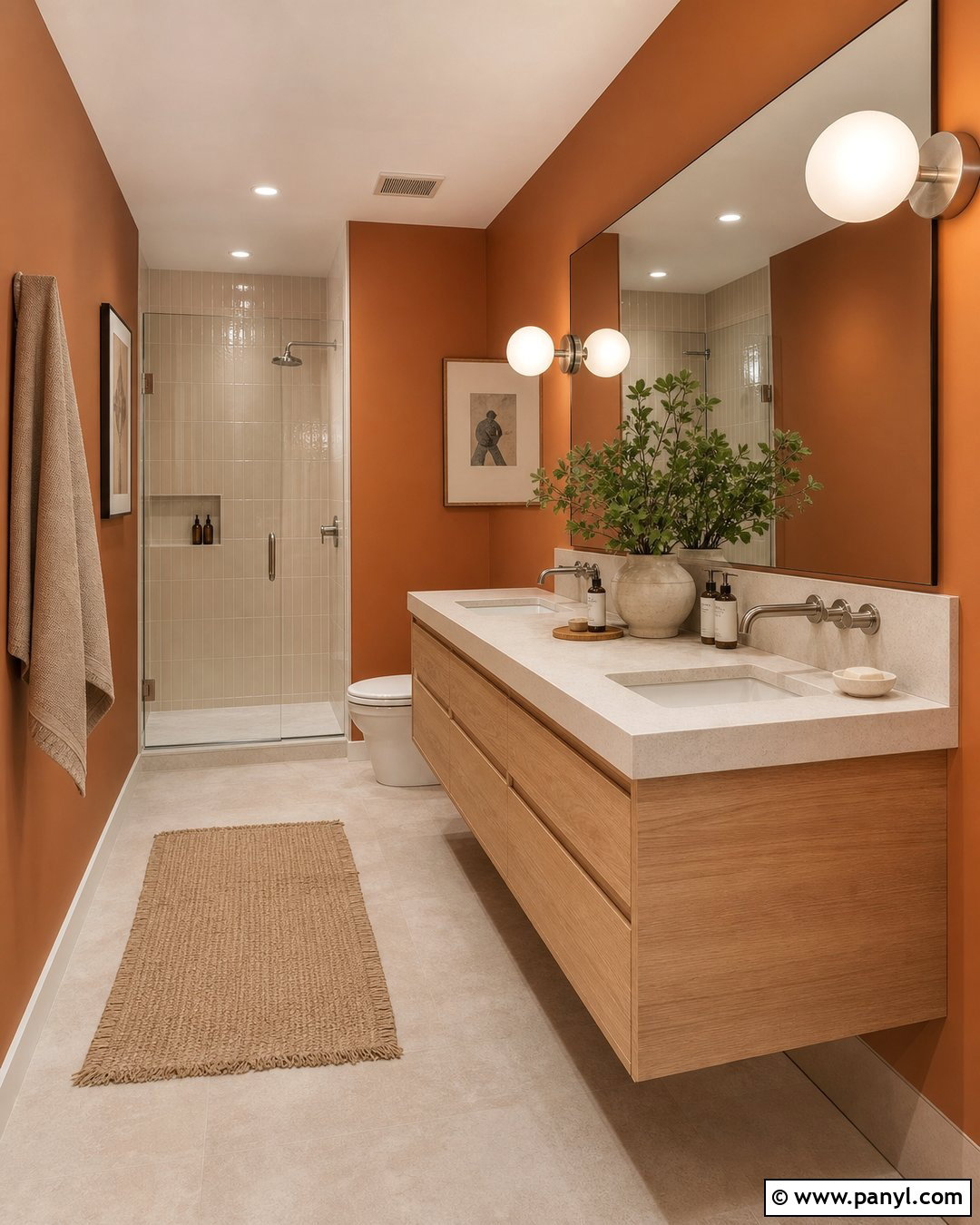 Terracotta Orange Bathroom Walls With Oak Vanity - 30 Orange Bathroom Walls