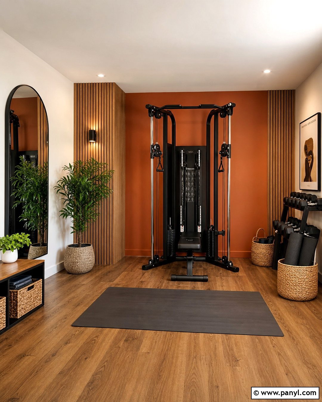 Terracotta Orange Gym With Wood Slats - 20 Orange Accent Wall Gym Ideas