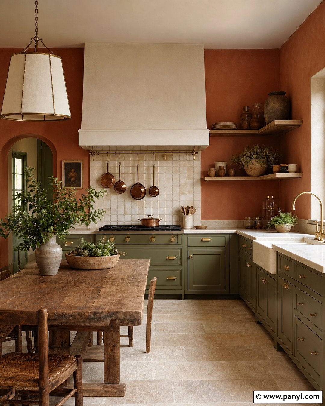 Terracotta Orange Walls With Sage Green Cabinets - 20 Colorful Kitchen With Orange Walls
