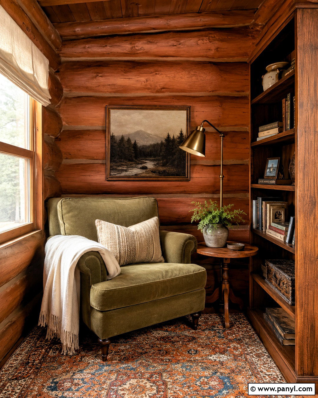 Terracotta Painted Log Reading Nook - 20 painted log home interior ideas
