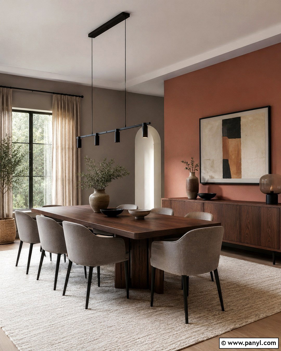 Terracotta Pink Accent Wall With Warm Grey Dining Room - 20 Grey Room With Pink Accent Wall Ideas