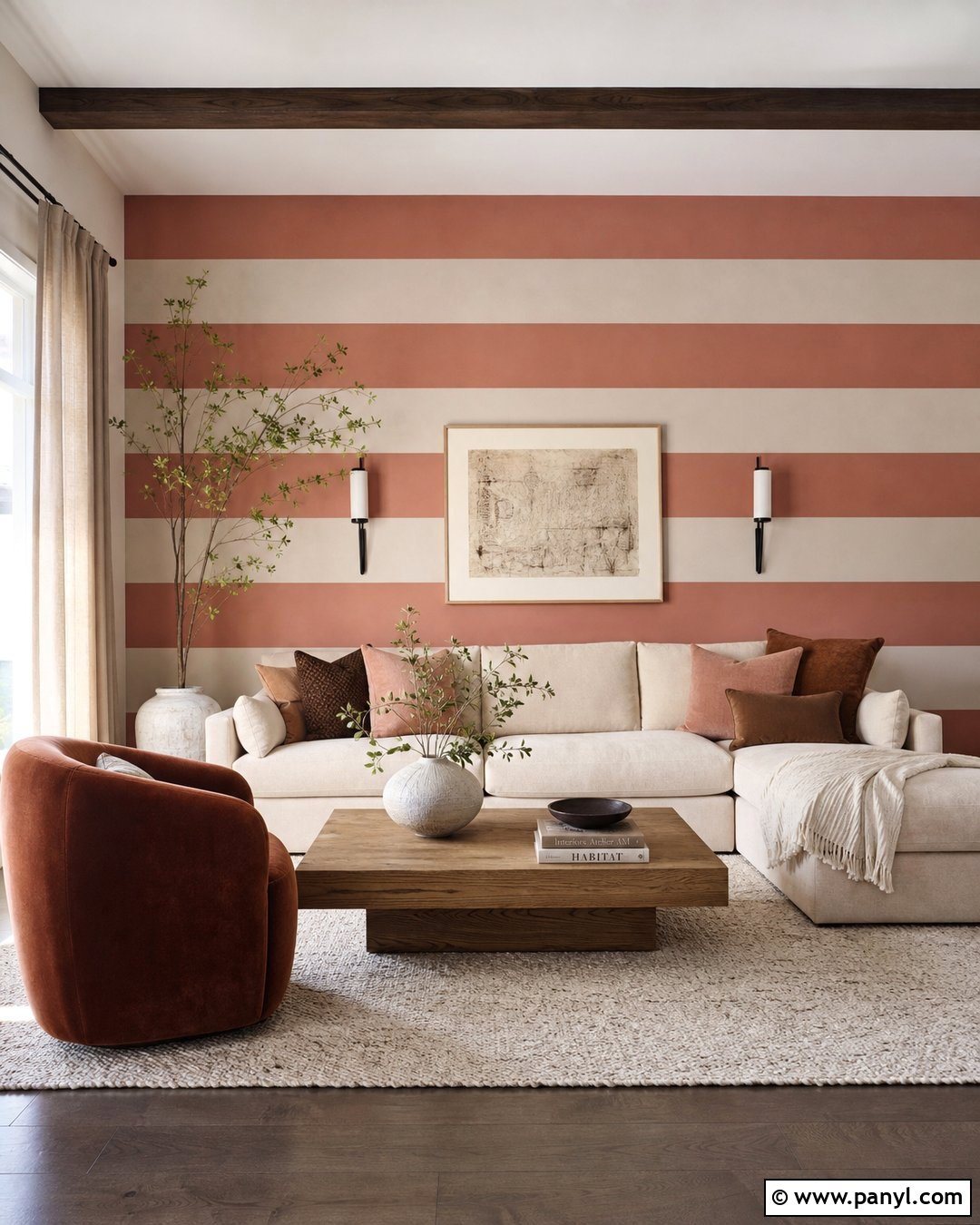 Terracotta Pink Stripe Living Room - 30 pink stripe wall ideas