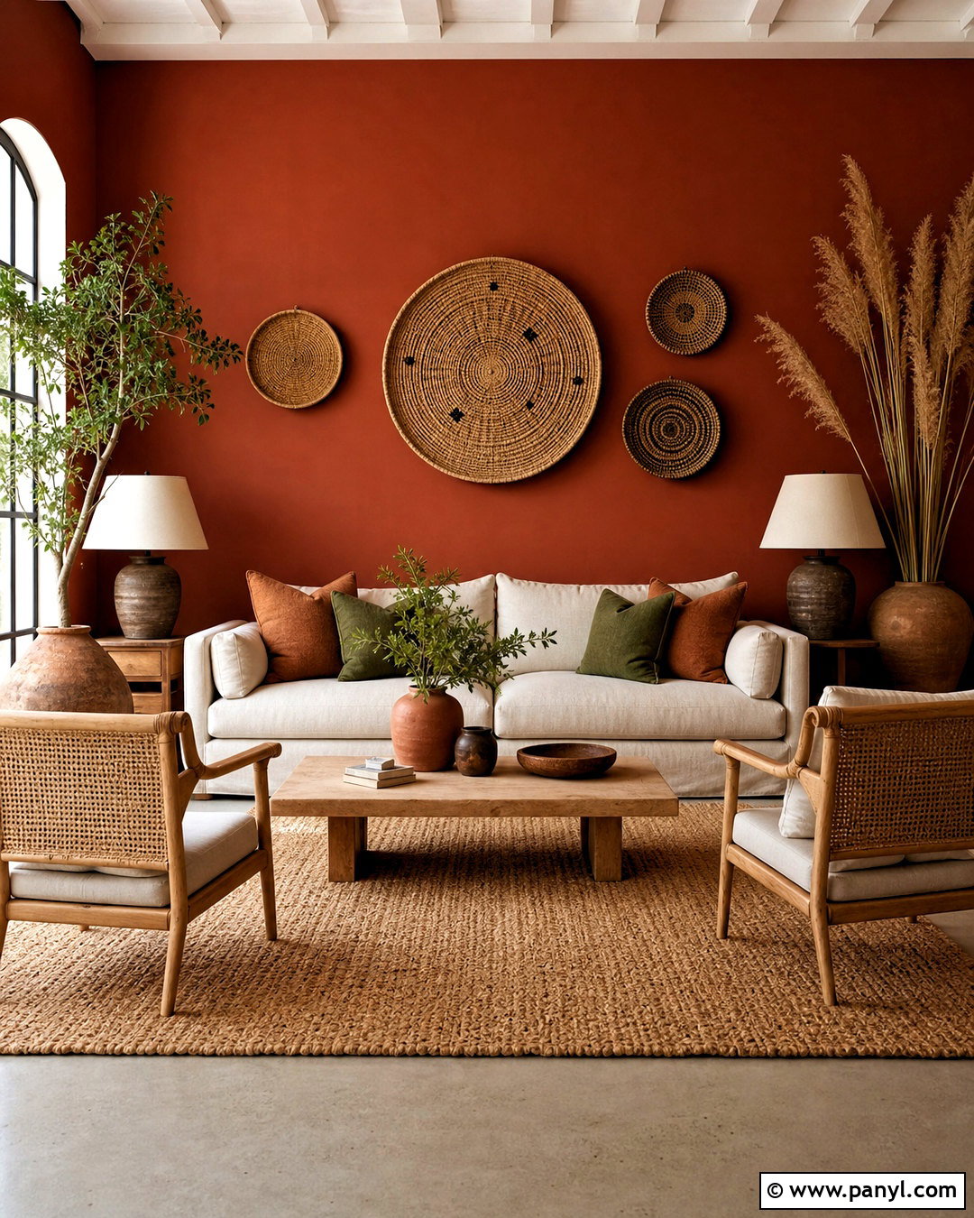 Terracotta Red Accent Wall With Natural Textures - 20 red accent wall living room ideas