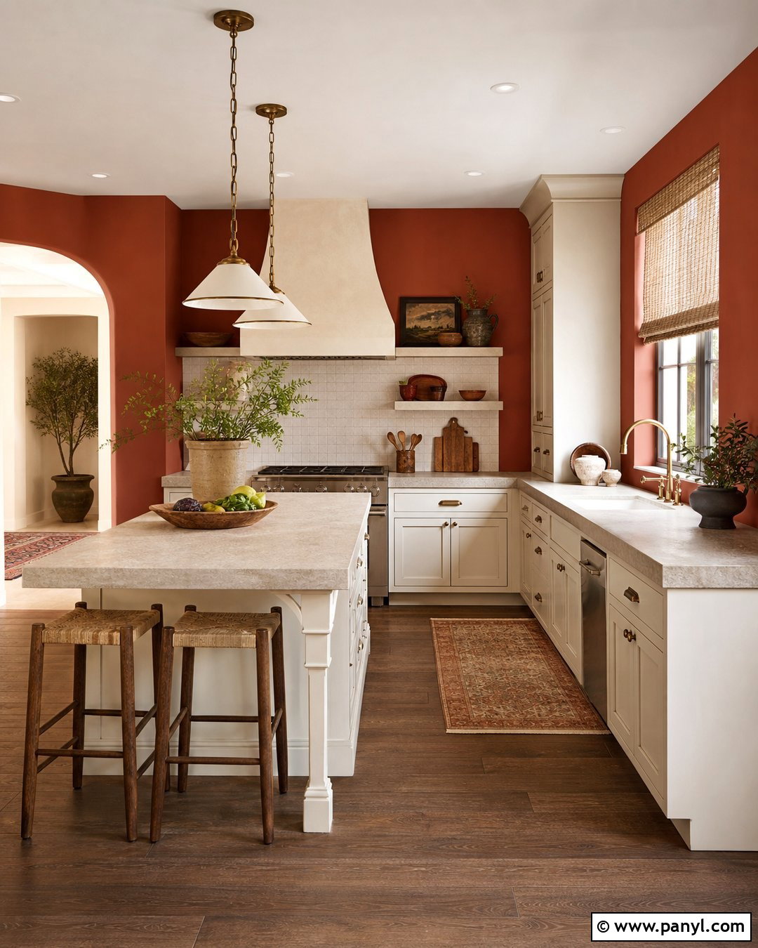 Terracotta Red Kitchen Walls With Cream Cabinets - 20 Red Kitchen Wall Color Ideas