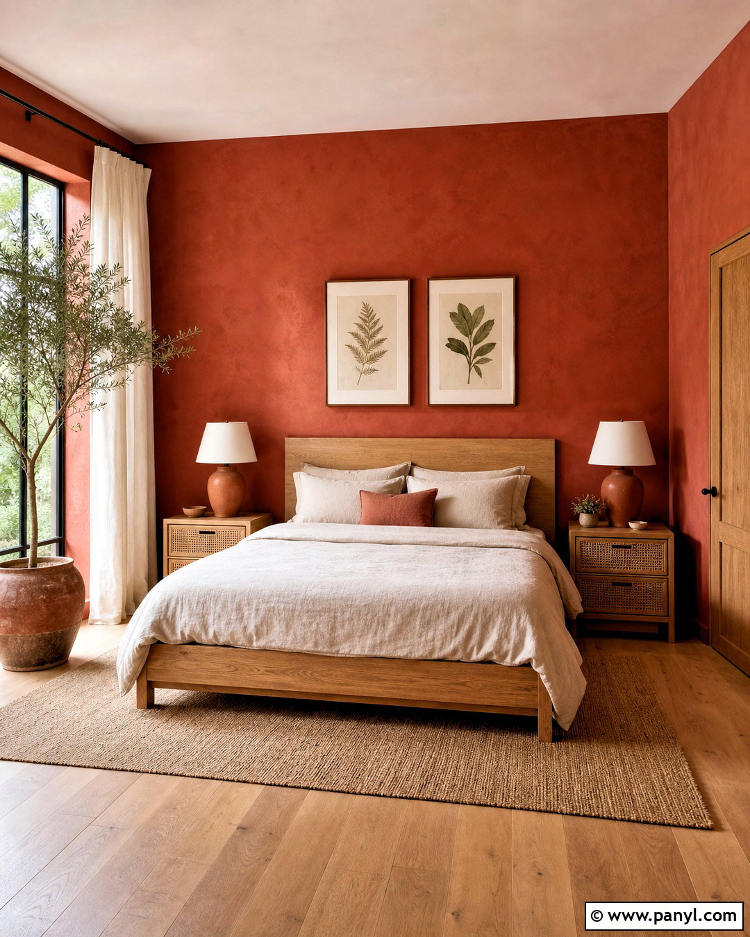 Terracotta Red Wall Bedroom With Natural Wood - 20 red wall bedroom ideas