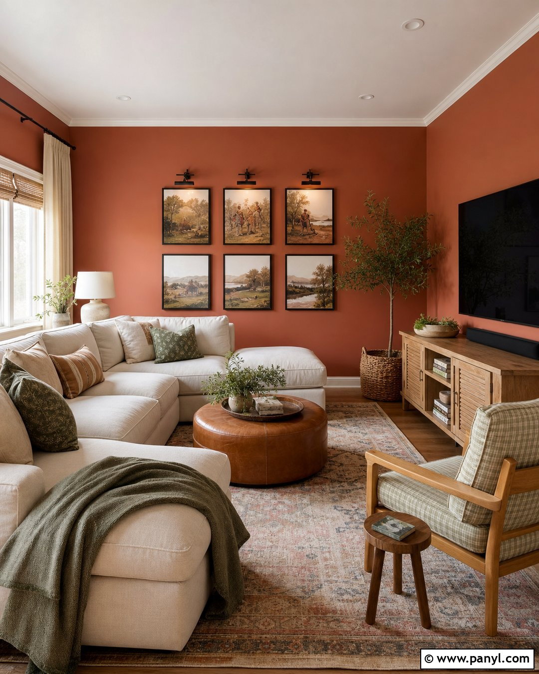 Terracotta Red Wall Family Room - 20 Red Wall Home Interior Ideas