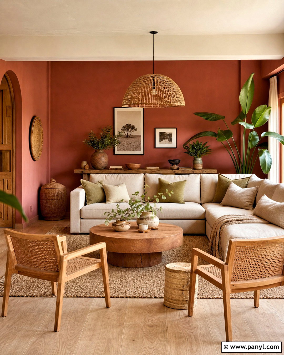 Terracotta Red Wall With Natural Textures - 20 red wall living room ideas