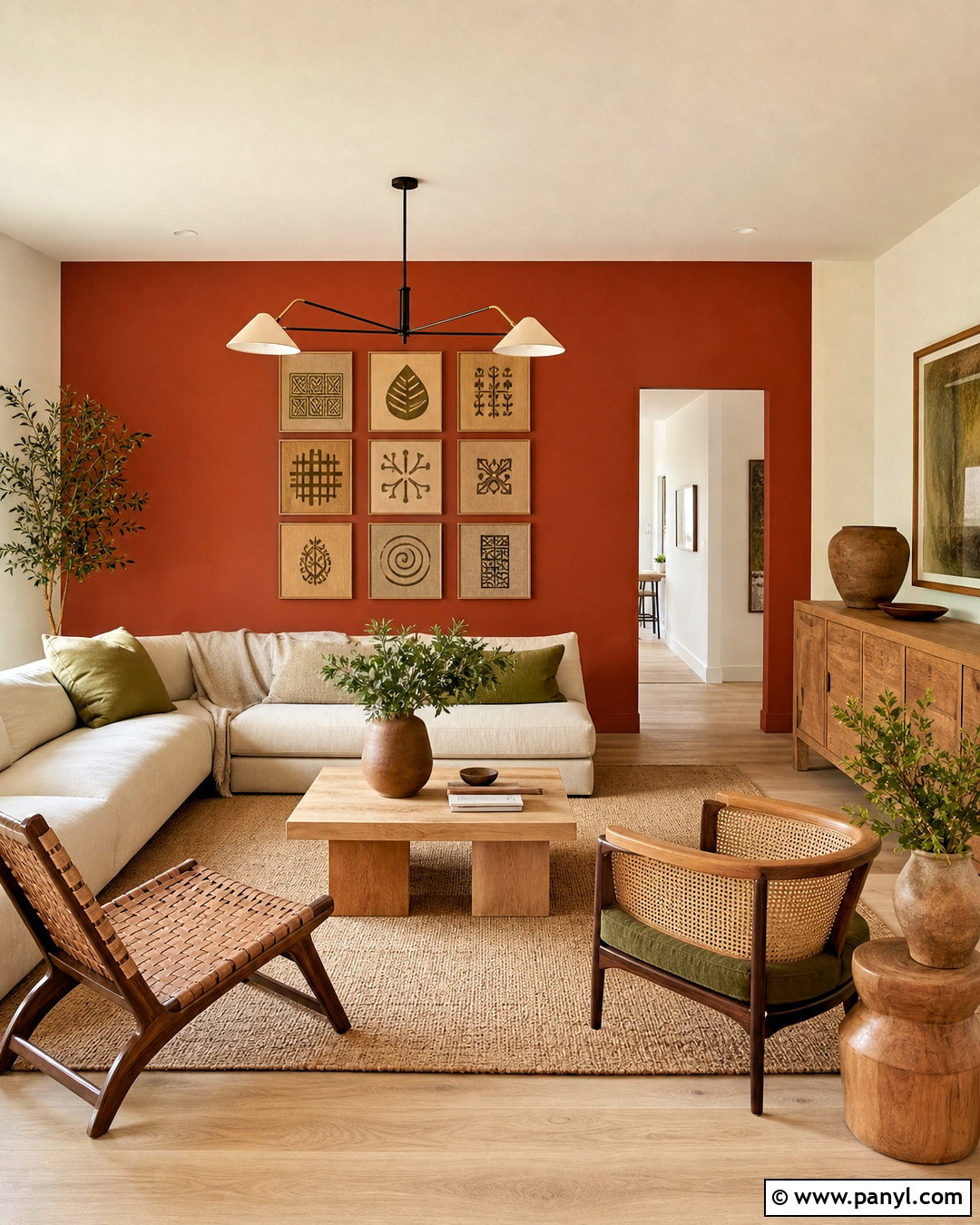 Terracotta Red Wall With Natural Wood - 20 red wall decor ideas
