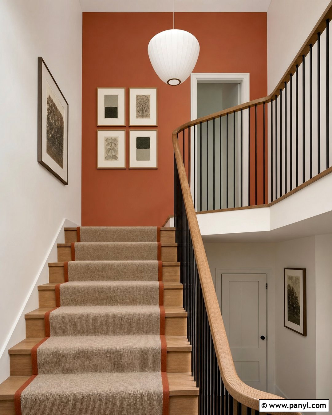 Terracotta Stairwell Walls With Wood Railing - 40 Terracotta Wall Color Ideas