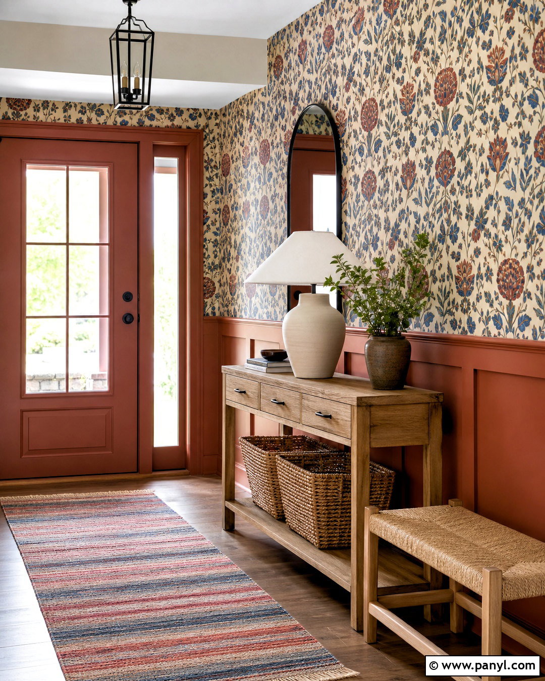 Terracotta Wainscoting With Block Print Wallpaper - 20 wainscoting with wallpaper ideas