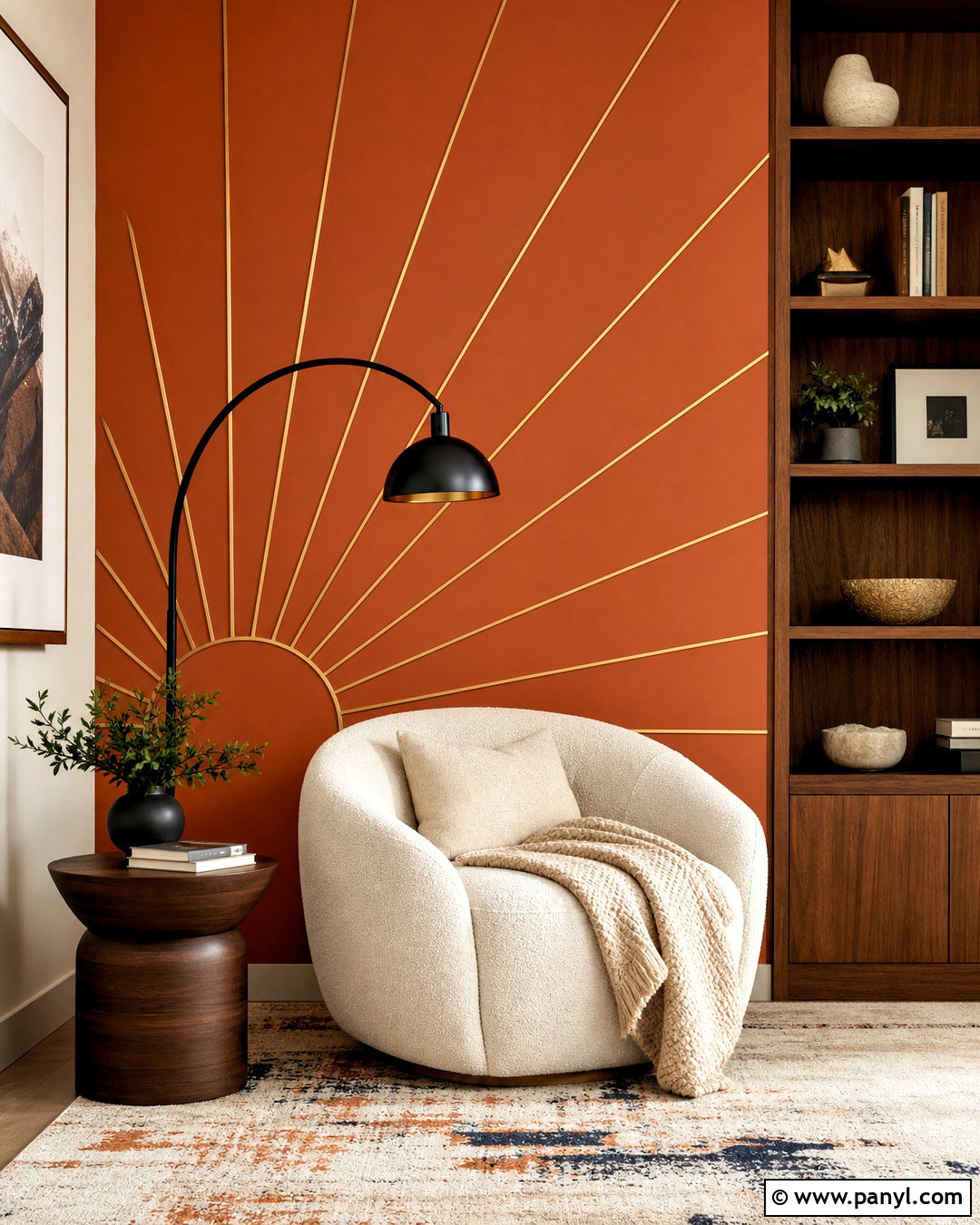 Terracotta Wall With Gold Sunburst Strips - 20 golden strips on wall ideas
