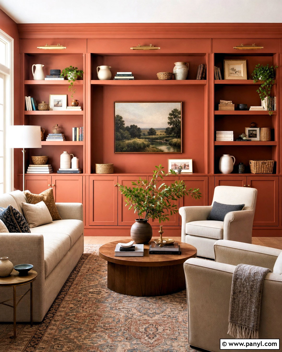 Terracotta Walls With Built-In Shelves - 20 terracotta walls living room ideas