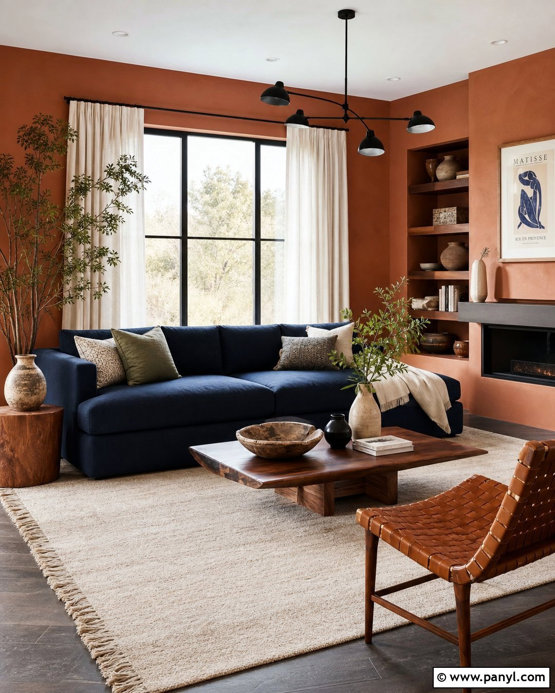 Terracotta Walls With a Blue Couch - 20 Blue Couch Wall Color Ideas