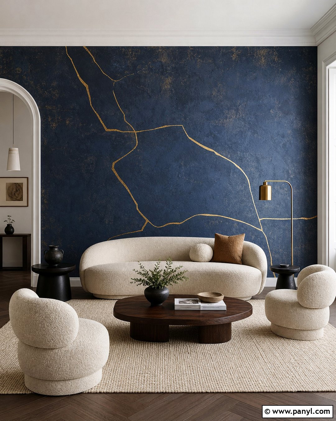 Textured Blue Wall With Gold Kintsugi Lines - 20 Blue Wall With Gold Lines