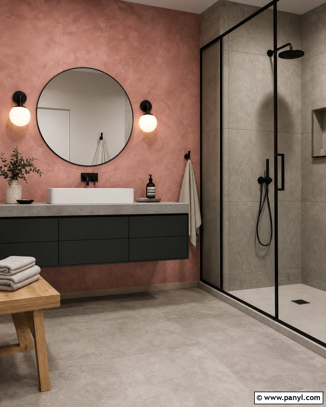 Textured Pink Accent Wall With Concrete - 20 Modern Bathroom With Pink Accent Wall Ideas