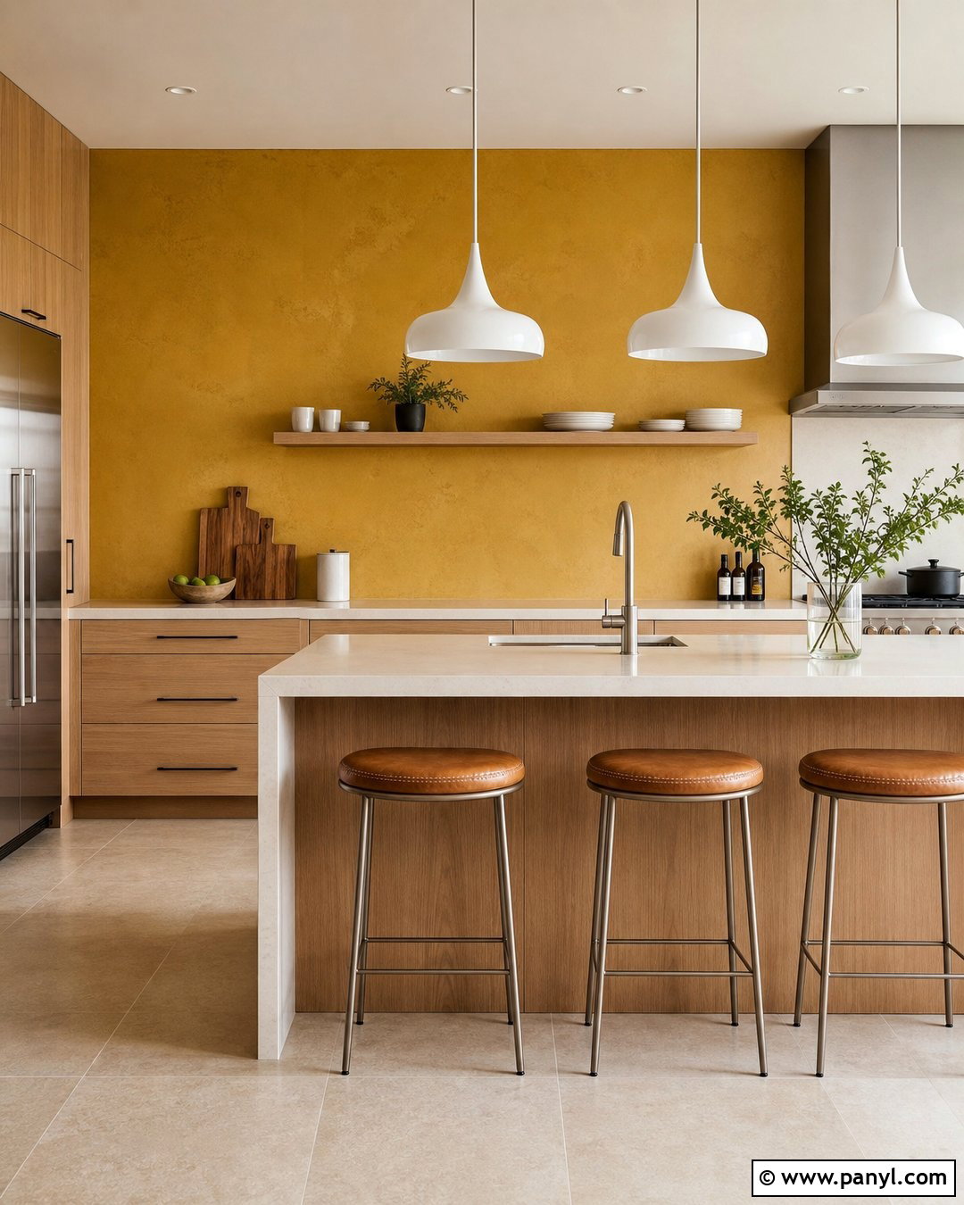 Textured Yellow Accent Wall With Oak Cabinets - 20 Modern Kitchen With Yellow Accent Wall Ideas