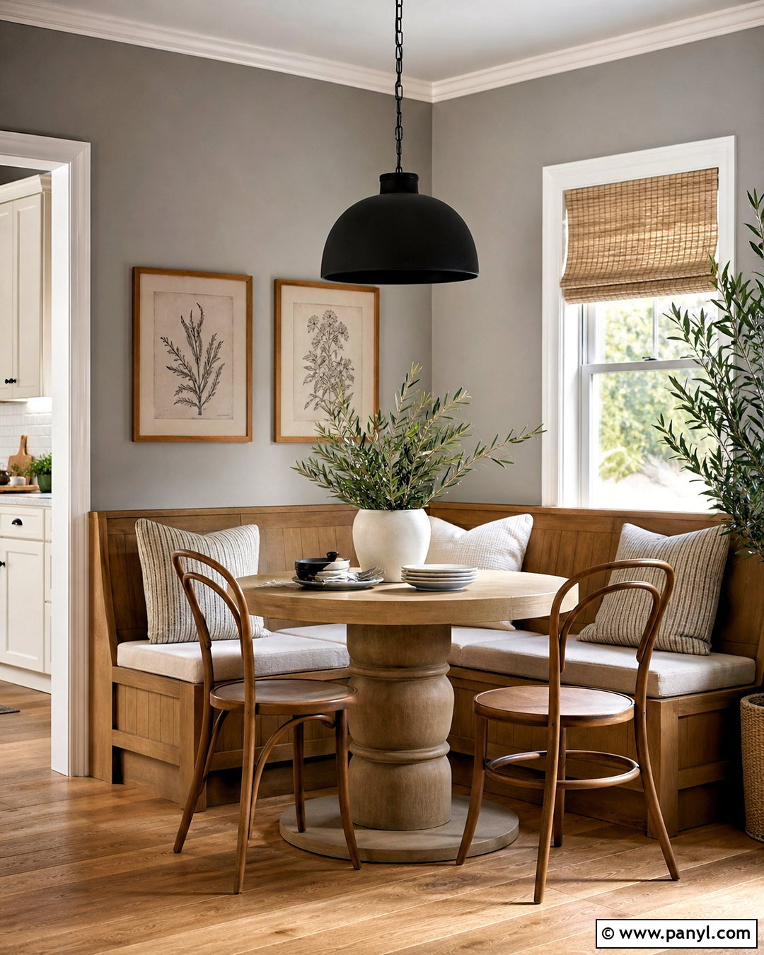 Toasty Gray Breakfast Nook - 20 warm gray paint color ideas