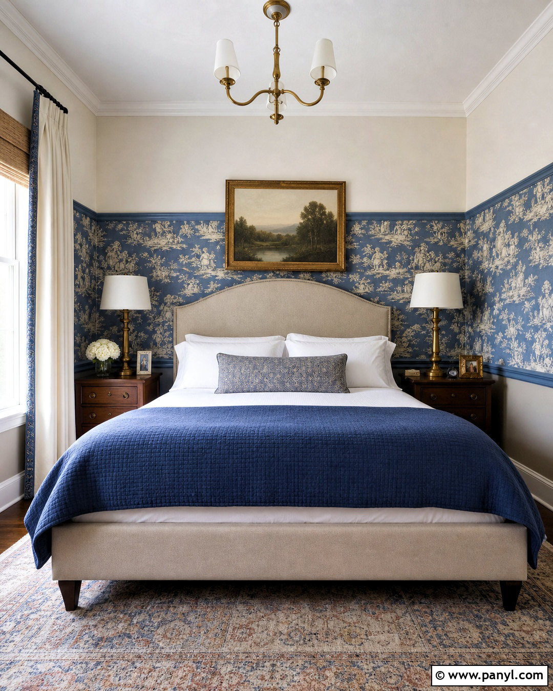 Toile Wallpaper In A Traditional Bedroom - 20 wallpaper on bottom half of wall ideas