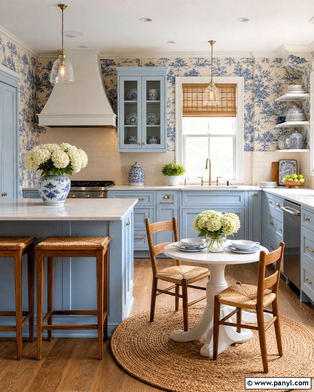Toile Wallpaper With Powder Blue Cabinets - 20 wallpaper combo ideas