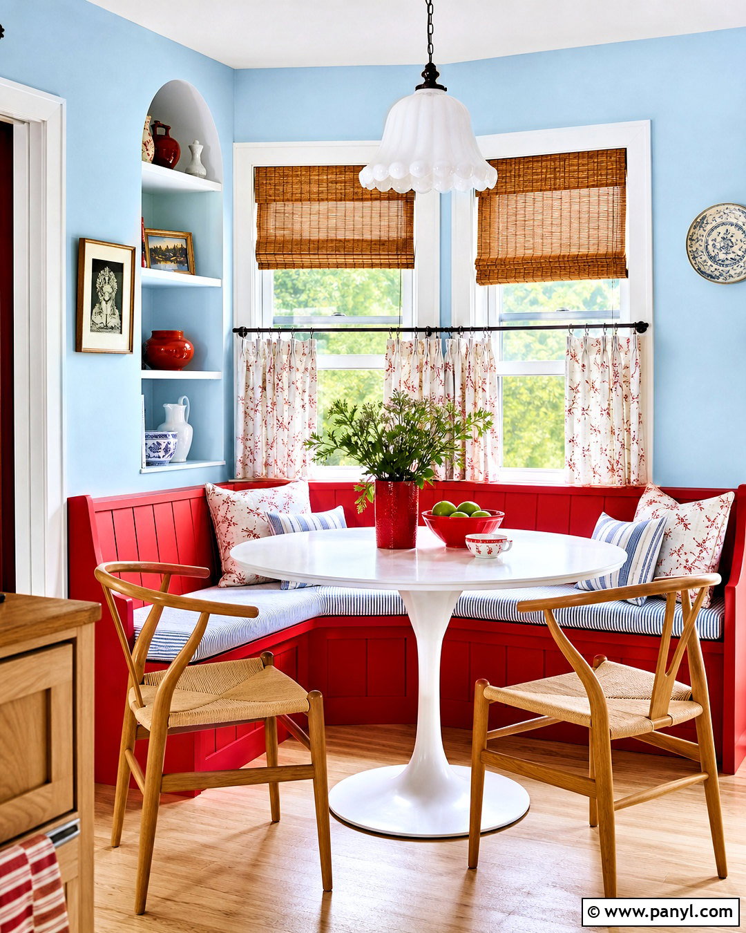 Tomato Red And Light Blue Breakfast Nook - 20 red color palette ideas