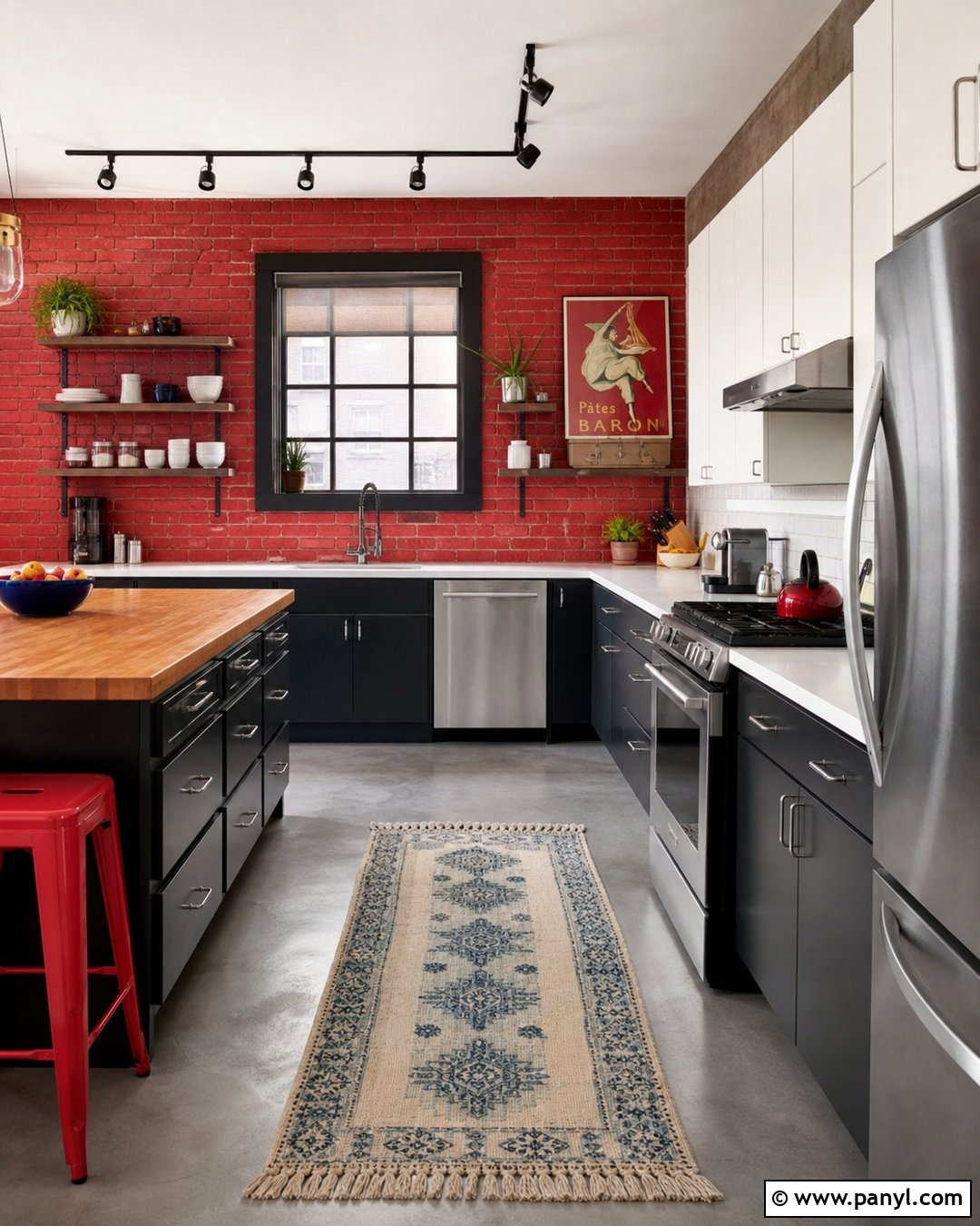 Tomato Red Brick Kitchen Accent Wall - 20 Modern Kitchen With Colorful Accent Wall Ideas