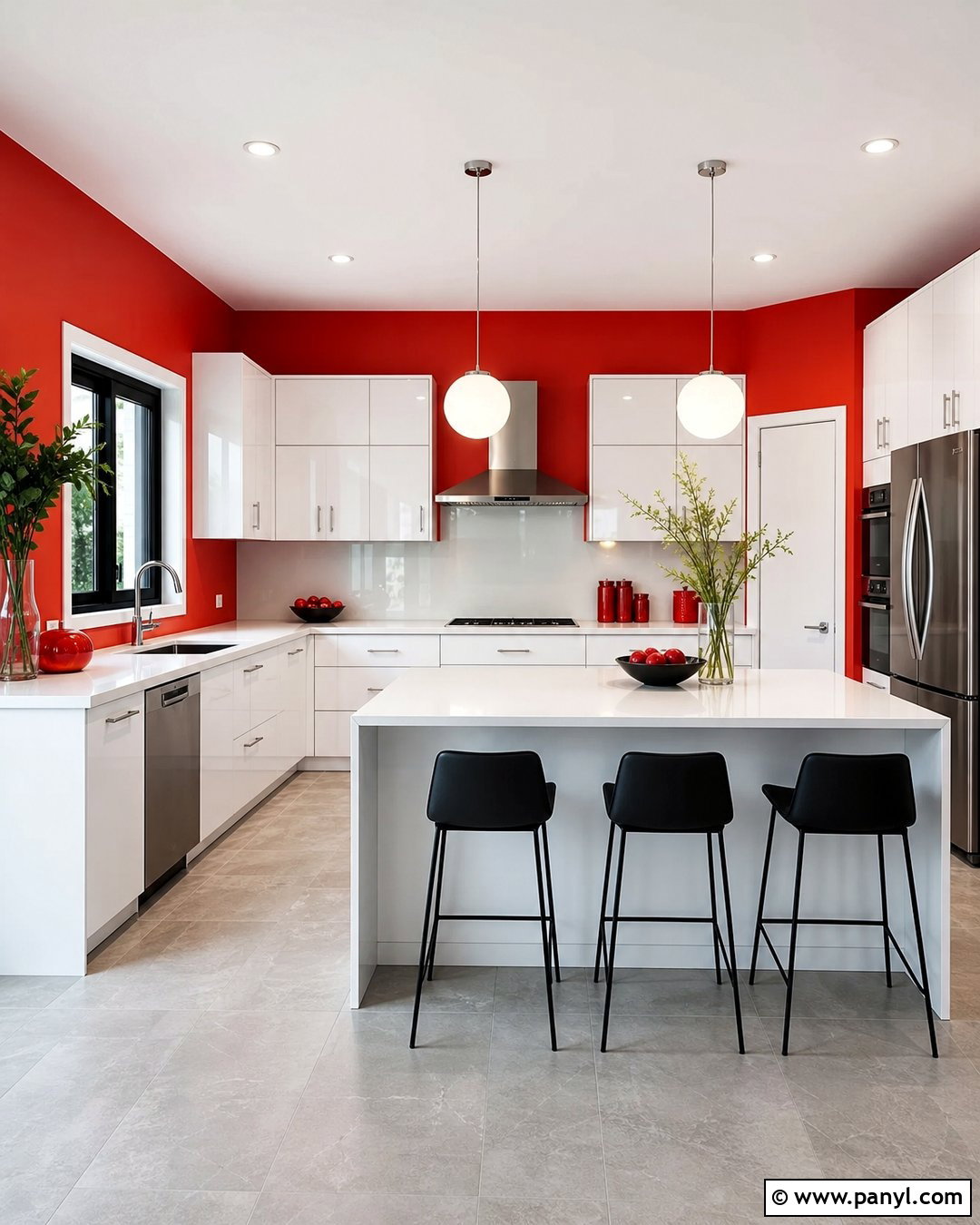 Tomato Red Kitchen Walls With Glossy White Cabinets - 20 Red Kitchen Wall Color Ideas