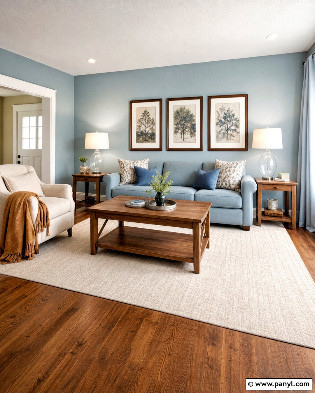 Tonal Light Blue Living Room With Brown Wood - 20 light blue and brown living room ideas