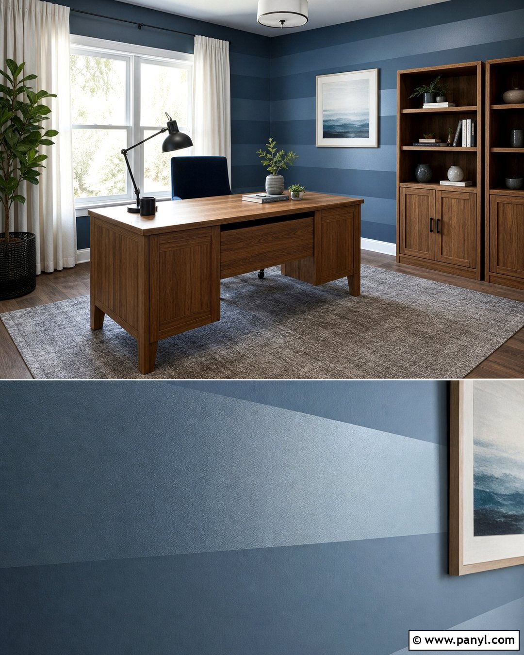 Tone-On-Tone Blue Stripe Wall Office - 25 Blue Stripe Painted Wall Ideas