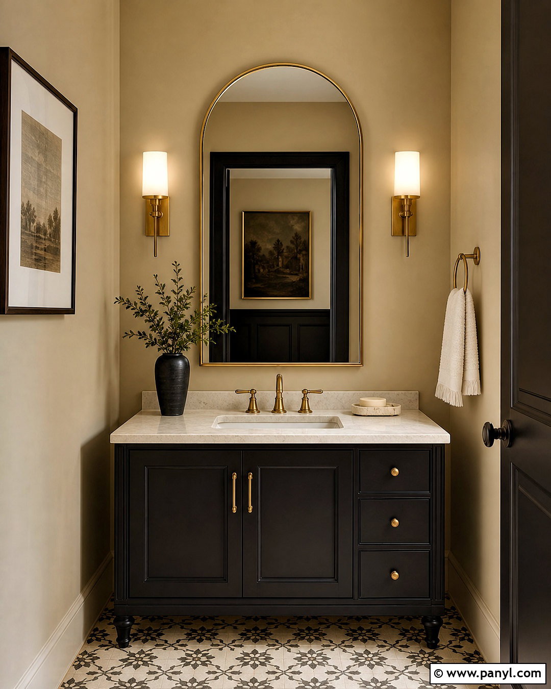 Touch of Sand Powder Room With Dark Vanity - 20 touch of sand sherwin williams ideas